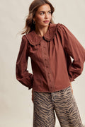Contrast Stitch Ruffle Collar Cotton Blouse