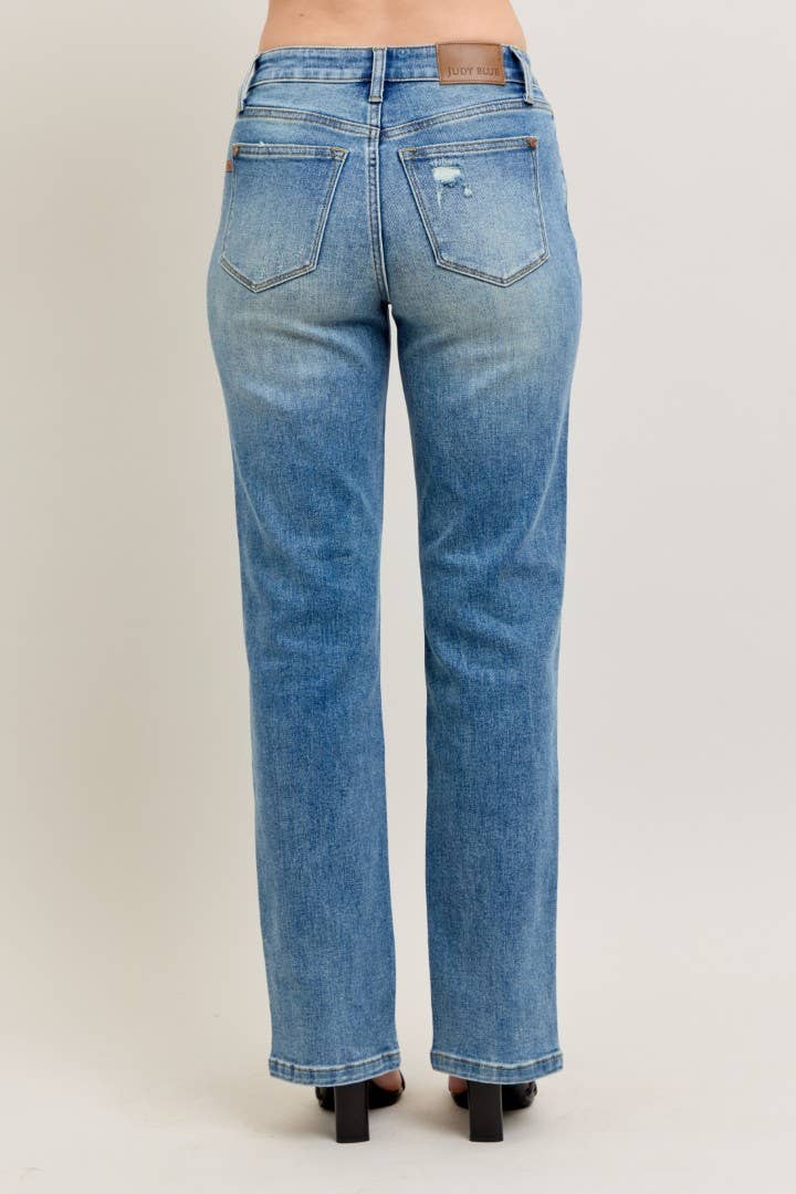 High Waisted Vintage Wash Front Seam & Slit Straight