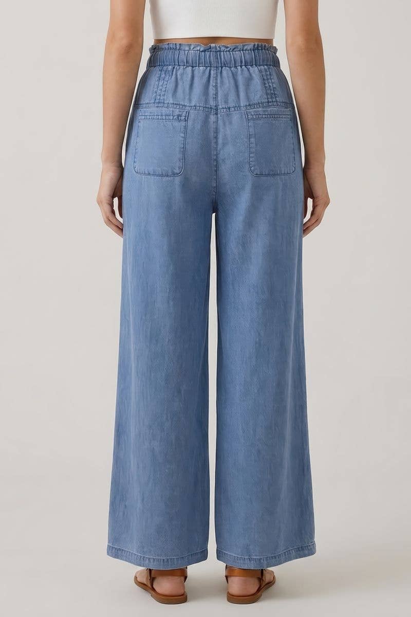 DENIM PLEATS DETAIL BUTTON CLOSURE WIDE LEG PANTS