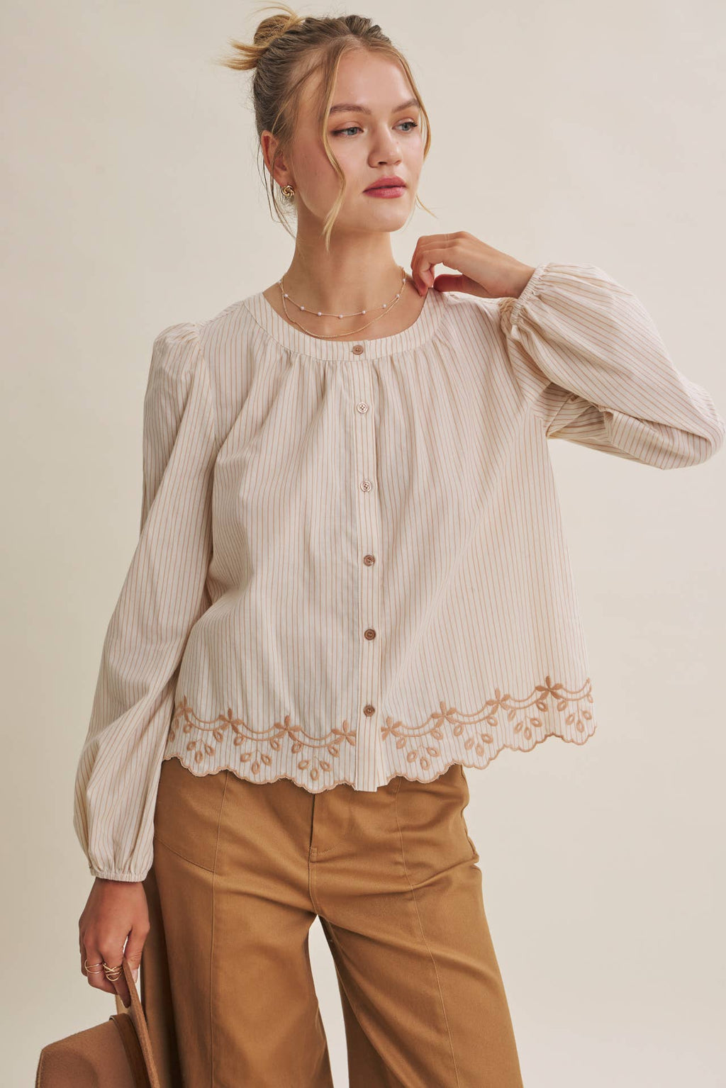WORK TO WEEKEND CONTRAST EMBROIDERED COTTON STRIPE BLOUSE