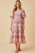 Floral Contrast Piped Tulip Sleeve Dress