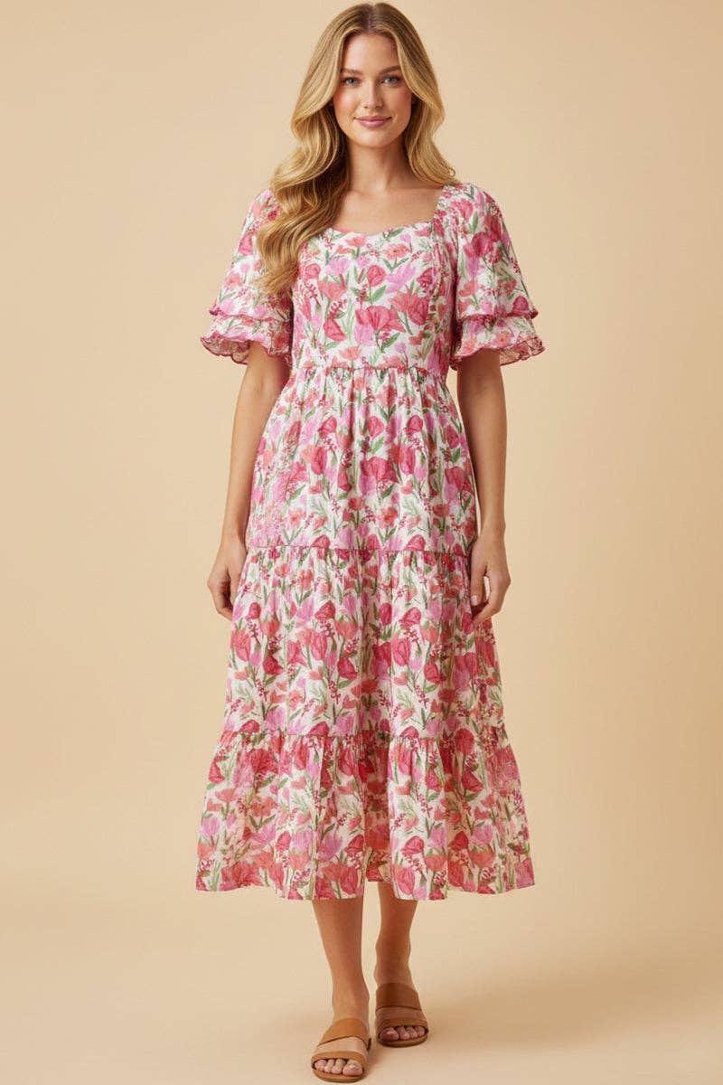 Floral Contrast Piped Tulip Sleeve Dress