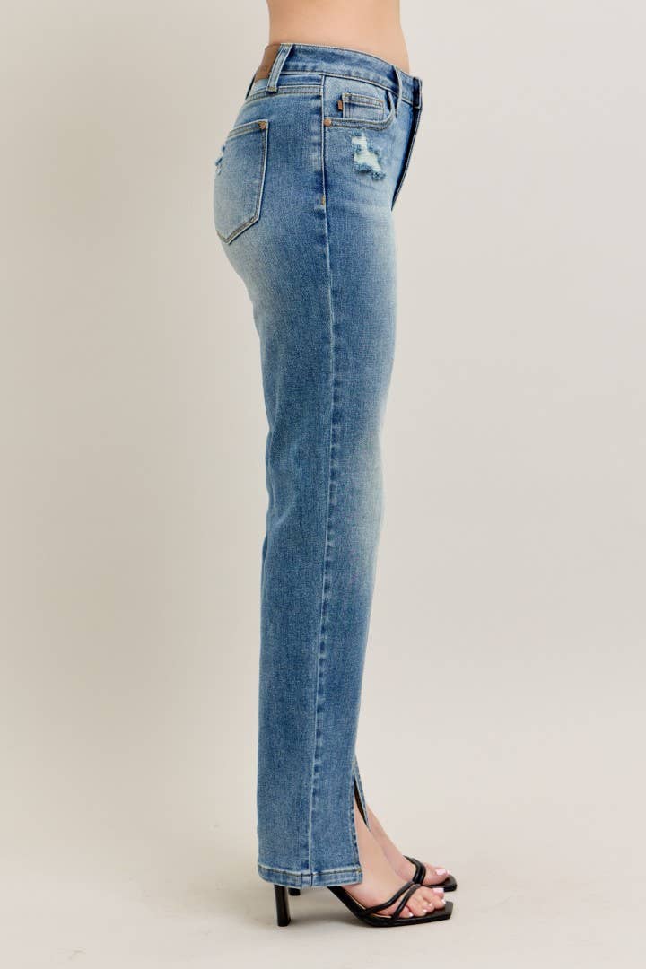 High Waisted Vintage Wash Front Seam & Slit Straight