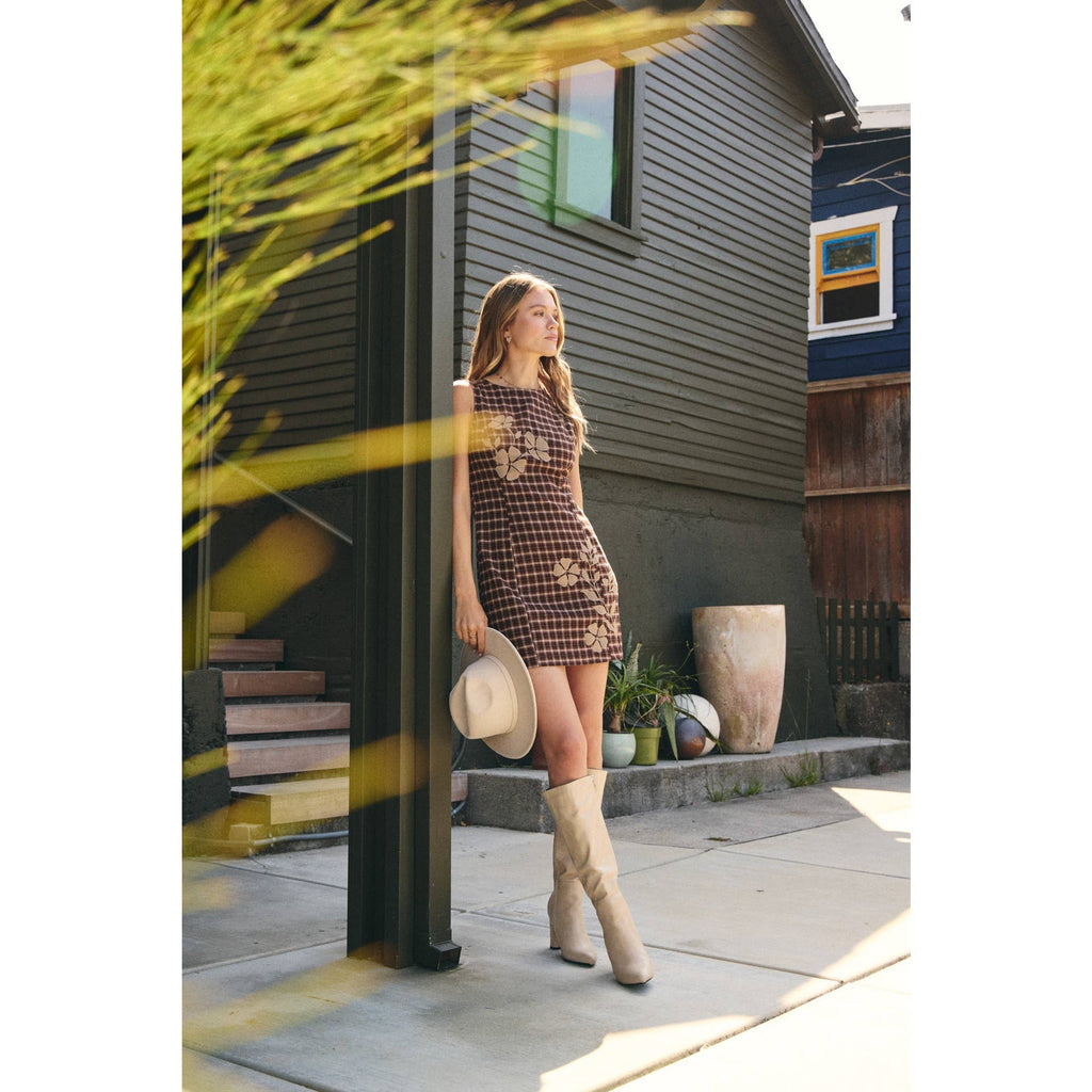 COUNTRYSIDE NOSTALGIA EMBROIDERED PLAID FITTED MINI DRESS