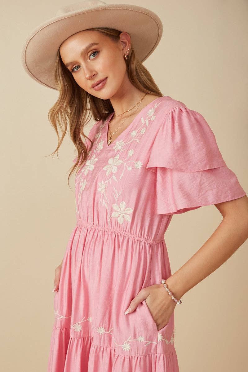 Womens Embroidered Ruffle Sleeve Tiered Dress
