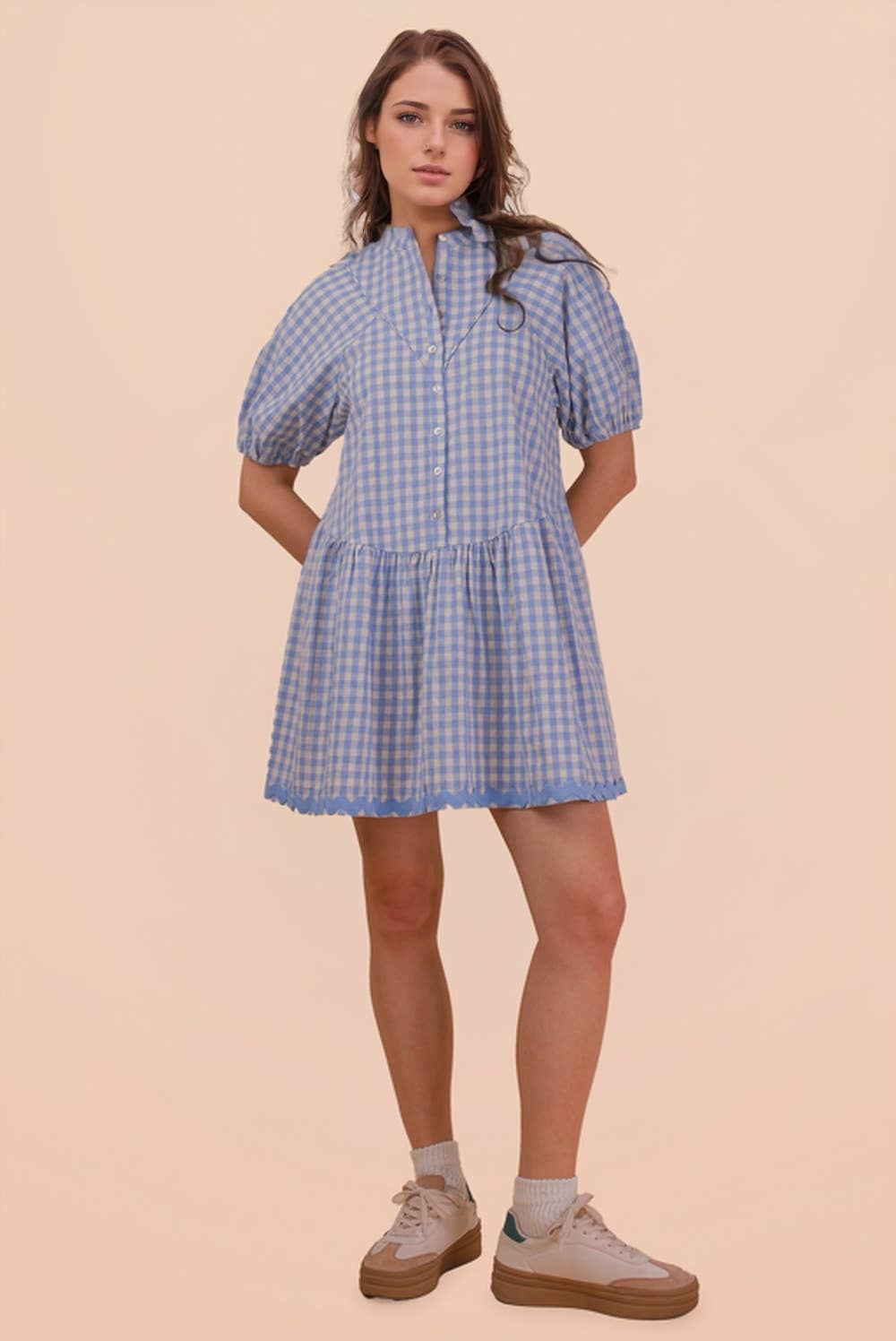 ND32032-Checkered Half Button Down Mini Dress