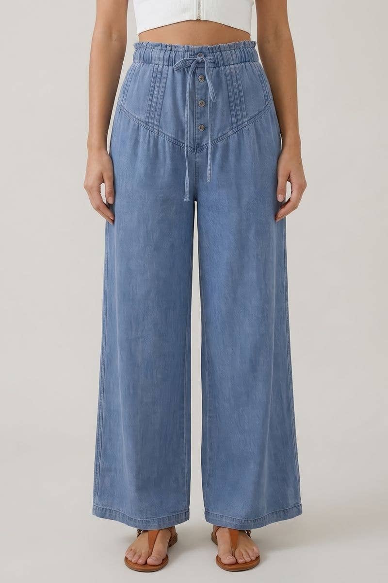 DENIM PLEATS DETAIL BUTTON CLOSURE WIDE LEG PANTS