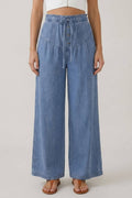 DENIM PLEATS DETAIL BUTTON CLOSURE WIDE LEG PANTS