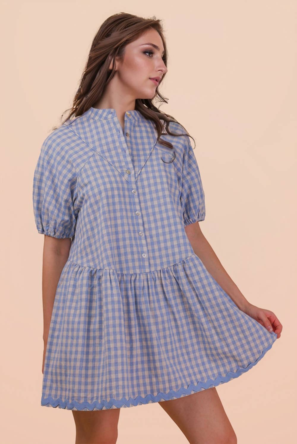 ND32032-Checkered Half Button Down Mini Dress