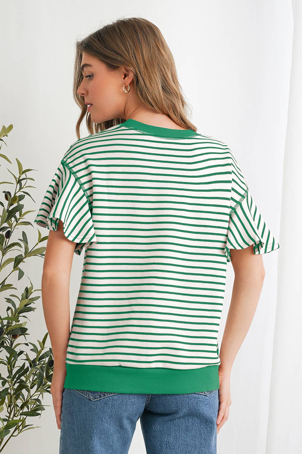 Parchment Contrast Detail Striped Ruffle Top