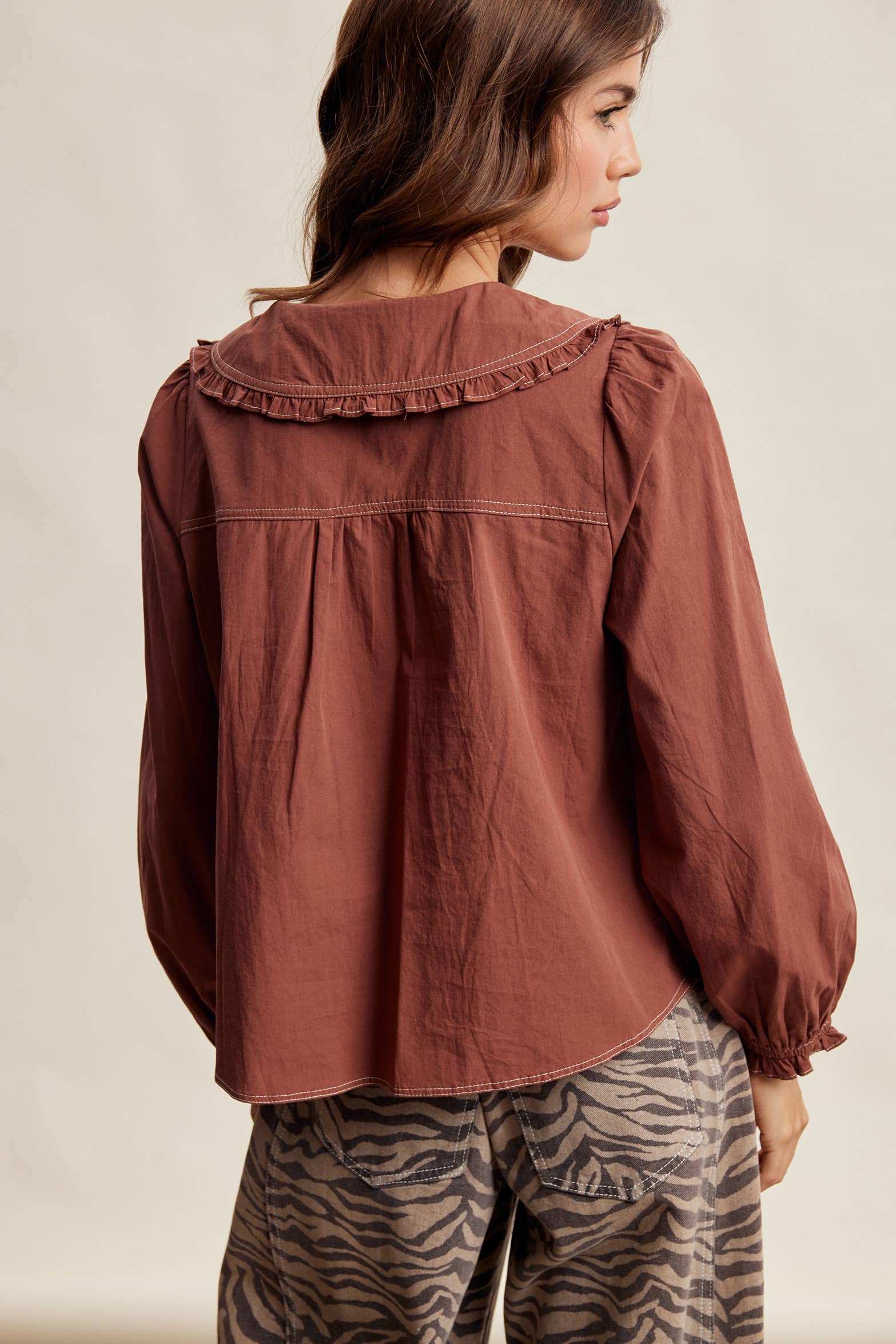 Contrast Stitch Ruffle Collar Cotton Blouse