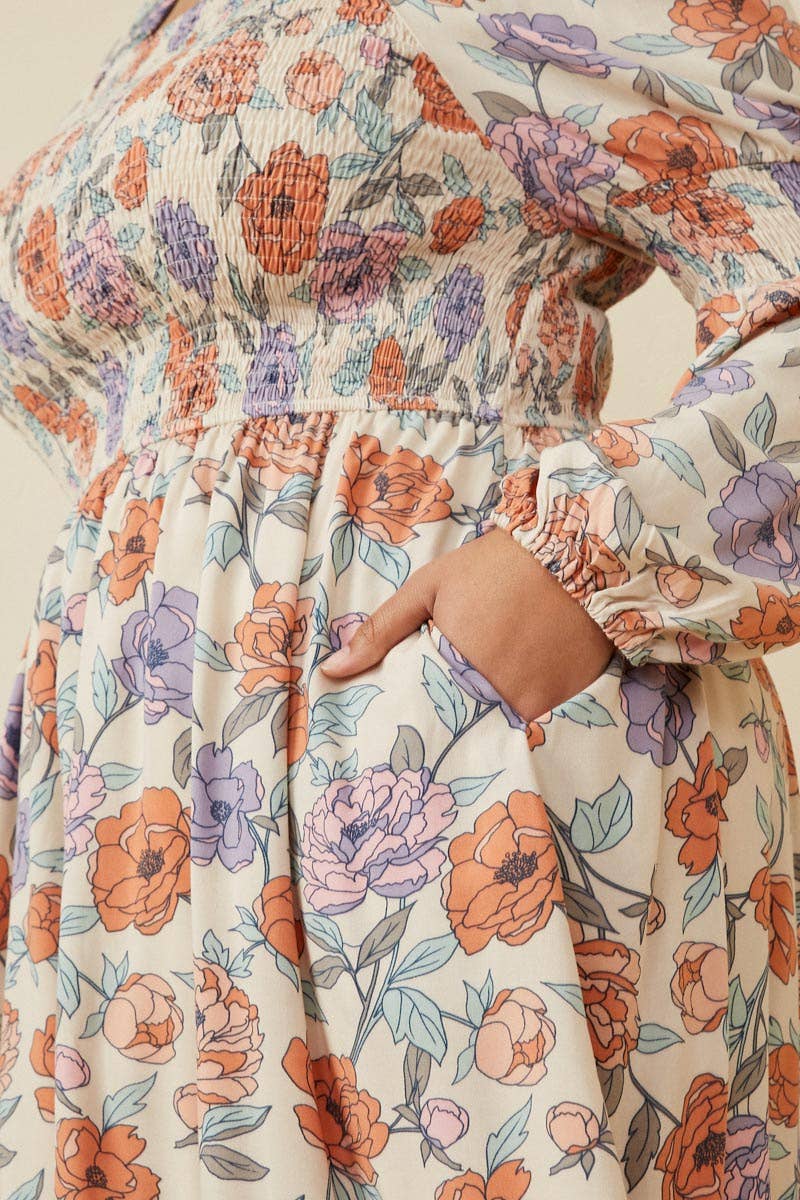 Plus Romantic Floral Smocked Detailed Dress