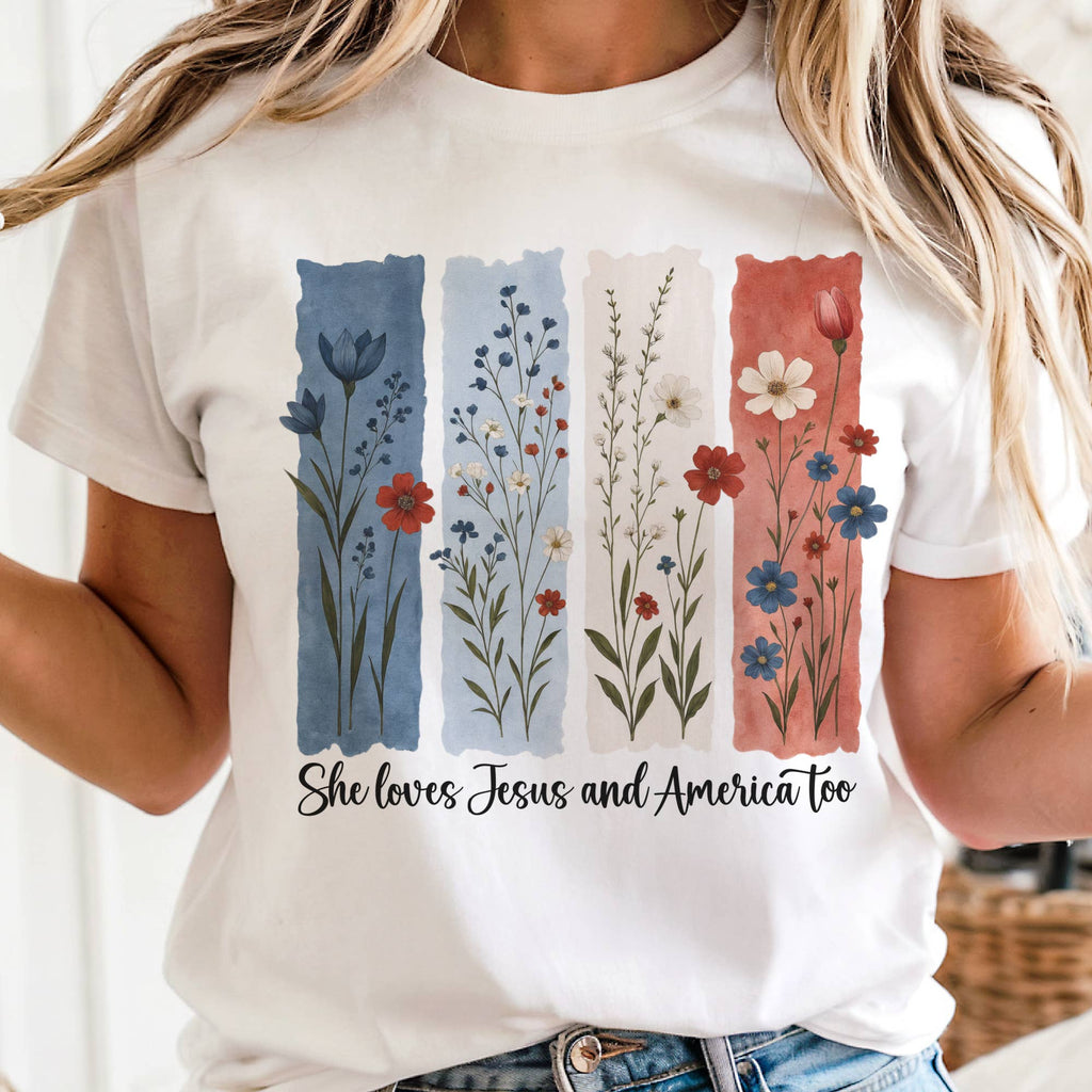USA She Loves Jesus and America Floral Patriotic Graphic Tee