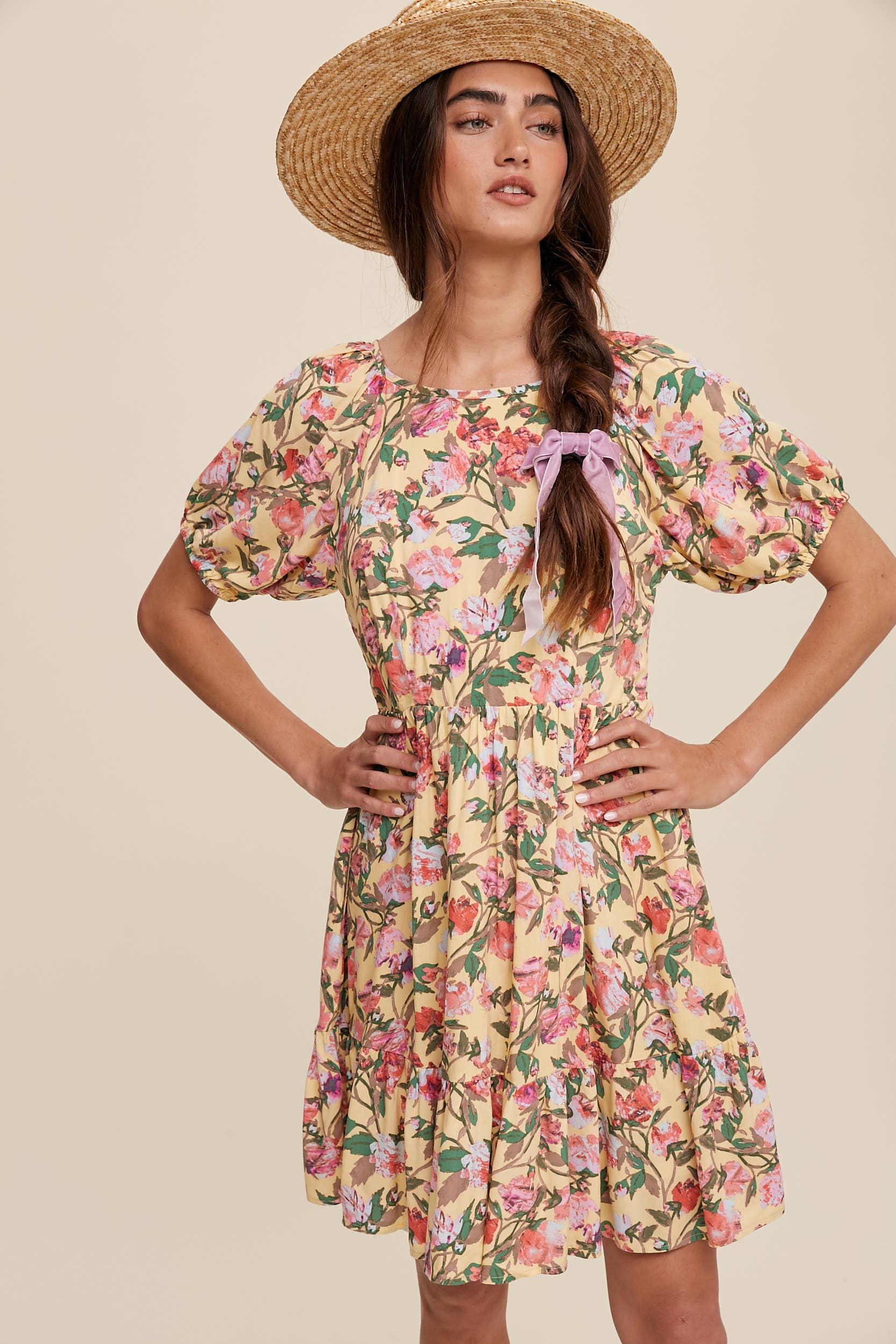 Romantic Floral Babydoll Dress with Puff Sleeves