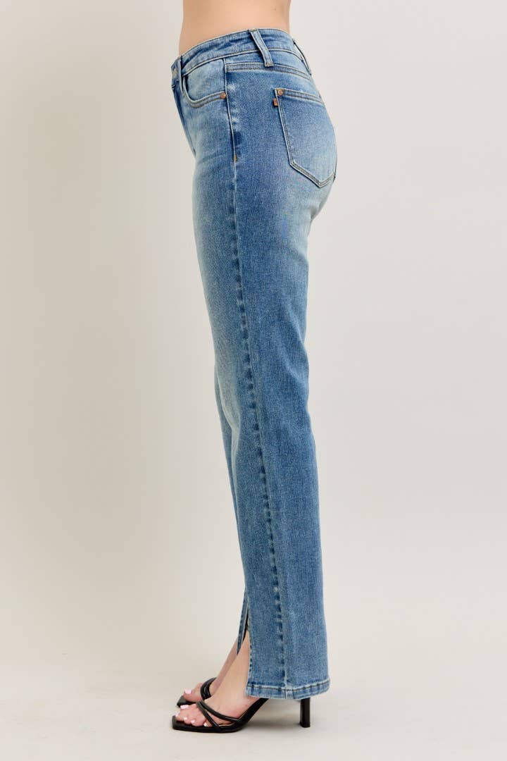 High Waisted Vintage Wash Front Seam & Slit Straight