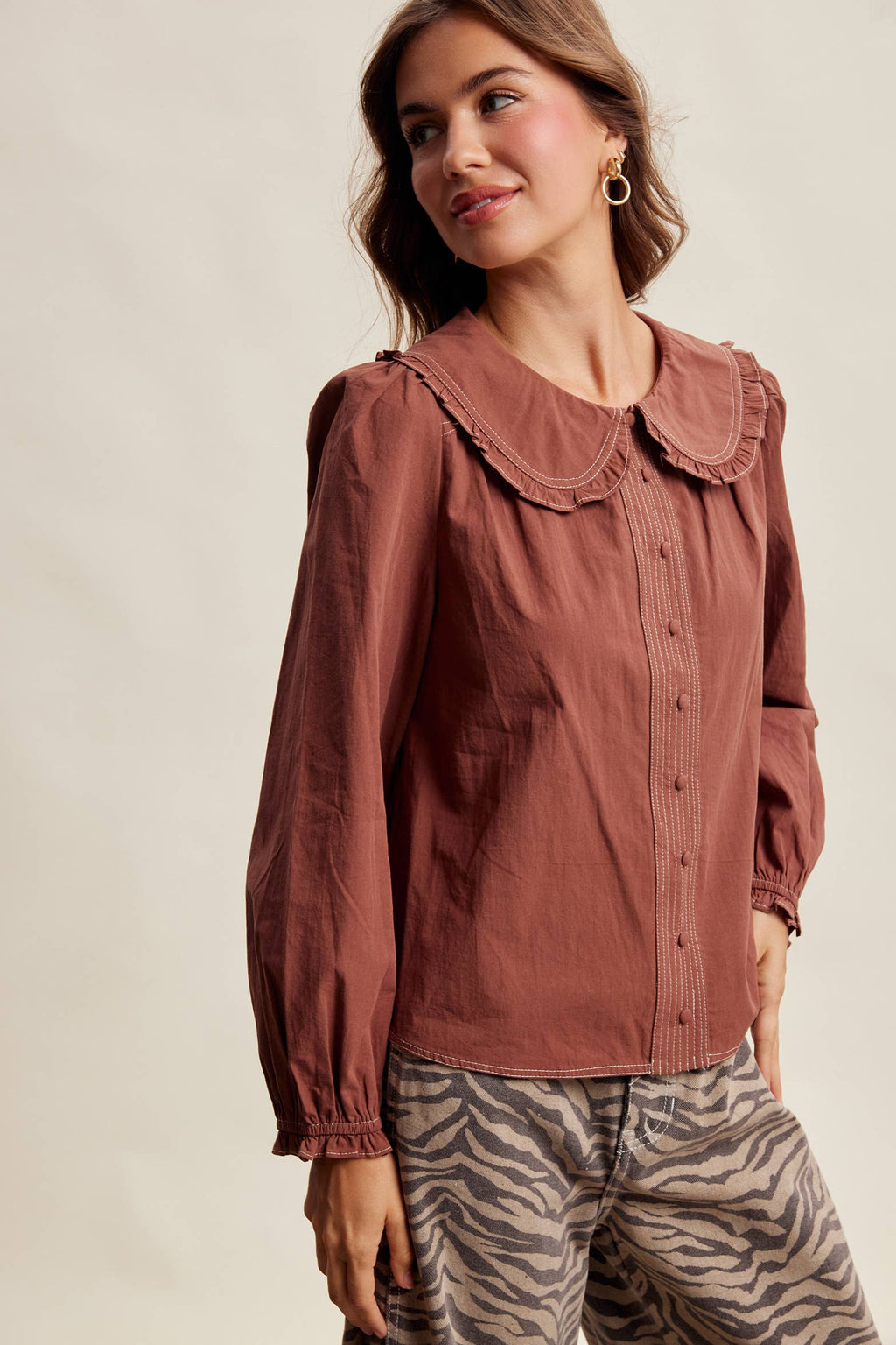 Contrast Stitch Ruffle Collar Cotton Blouse