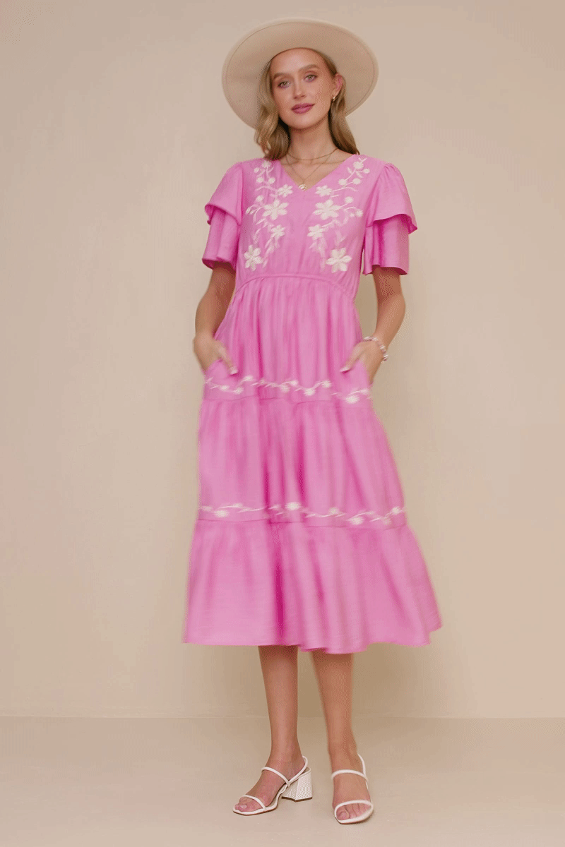 Womens Embroidered Ruffle Sleeve Tiered Dress