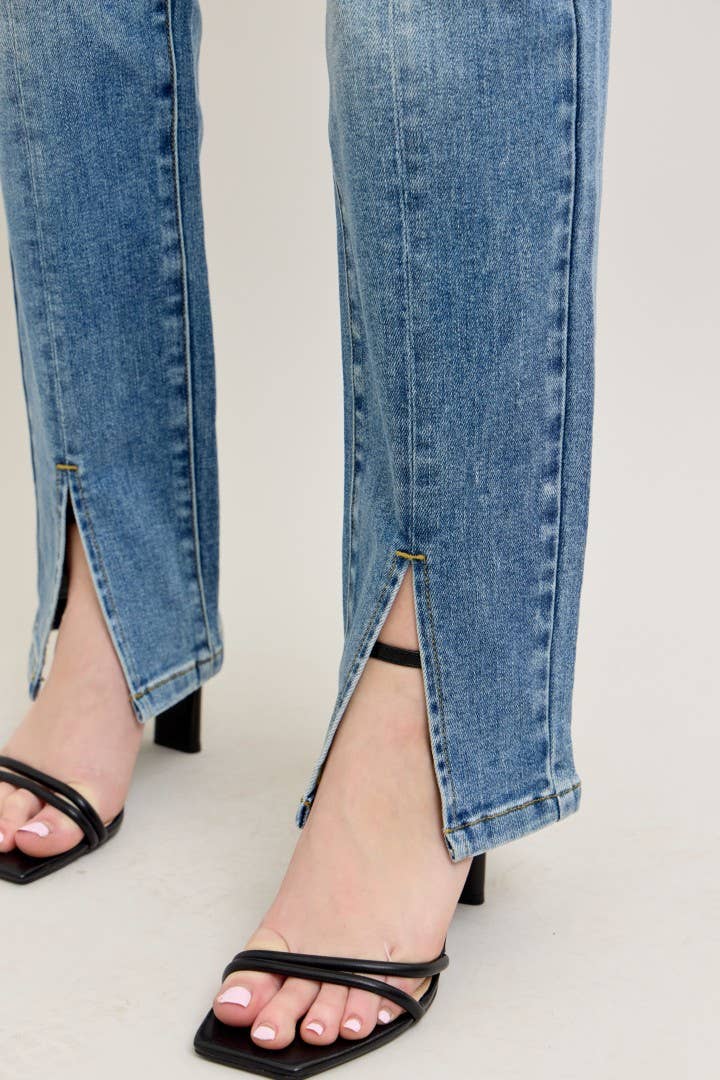 High Waisted Vintage Wash Front Seam & Slit Straight