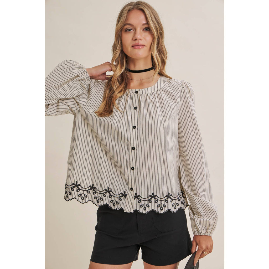 WORK TO WEEKEND CONTRAST EMBROIDERED COTTON STRIPE BLOUSE