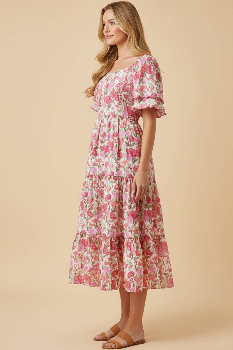 Floral Contrast Piped Tulip Sleeve Dress