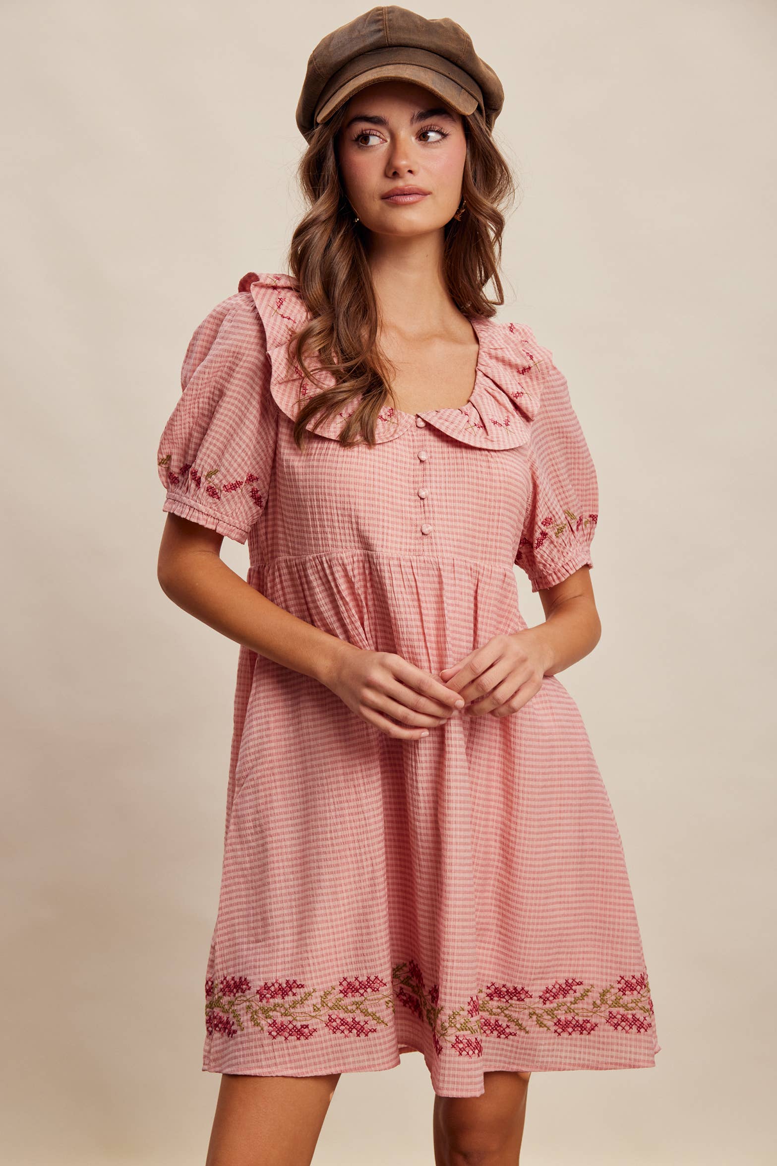 Pink Gingham Embroidered Babydoll Dress
