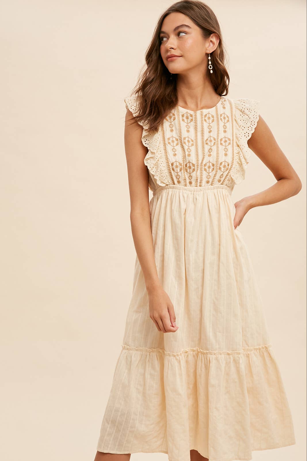 Romantic Cream Embroidered Midi Dress