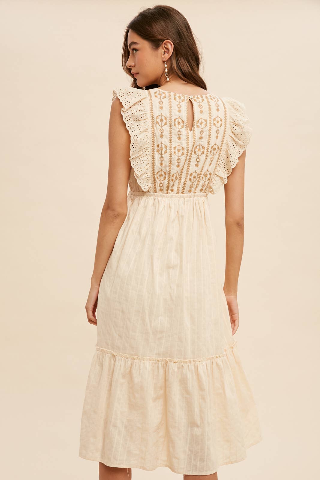 Romantic Cream Embroidered Midi Dress