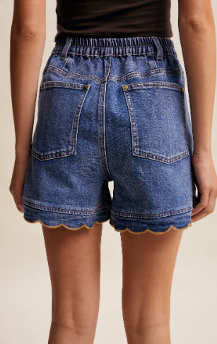 Scallop Button-Side Stretch Denim Shorts