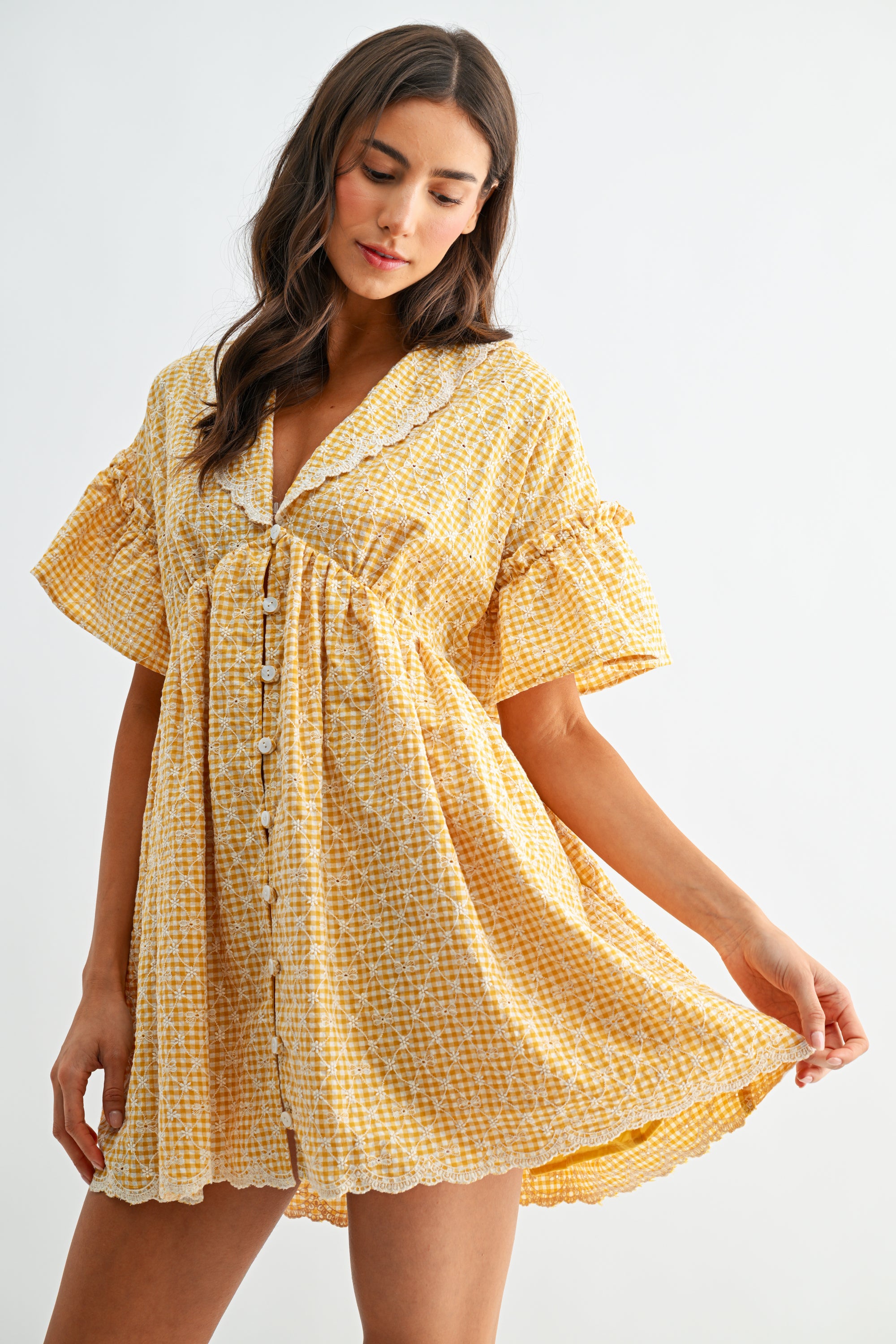 Mustard Yellow Gingham Lace Trim Babydoll Dress