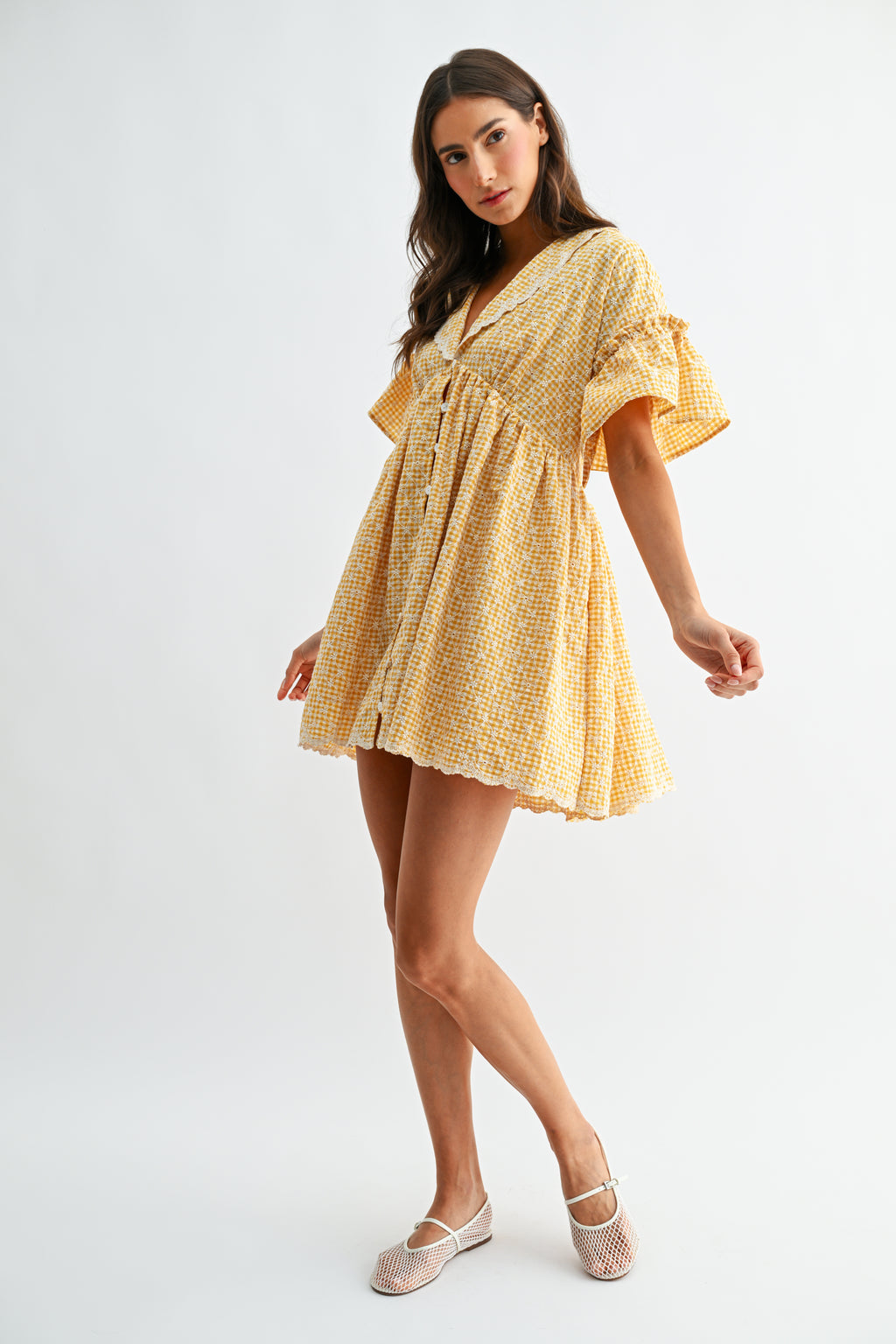 Mustard Yellow Gingham Lace Trim Babydoll Dress
