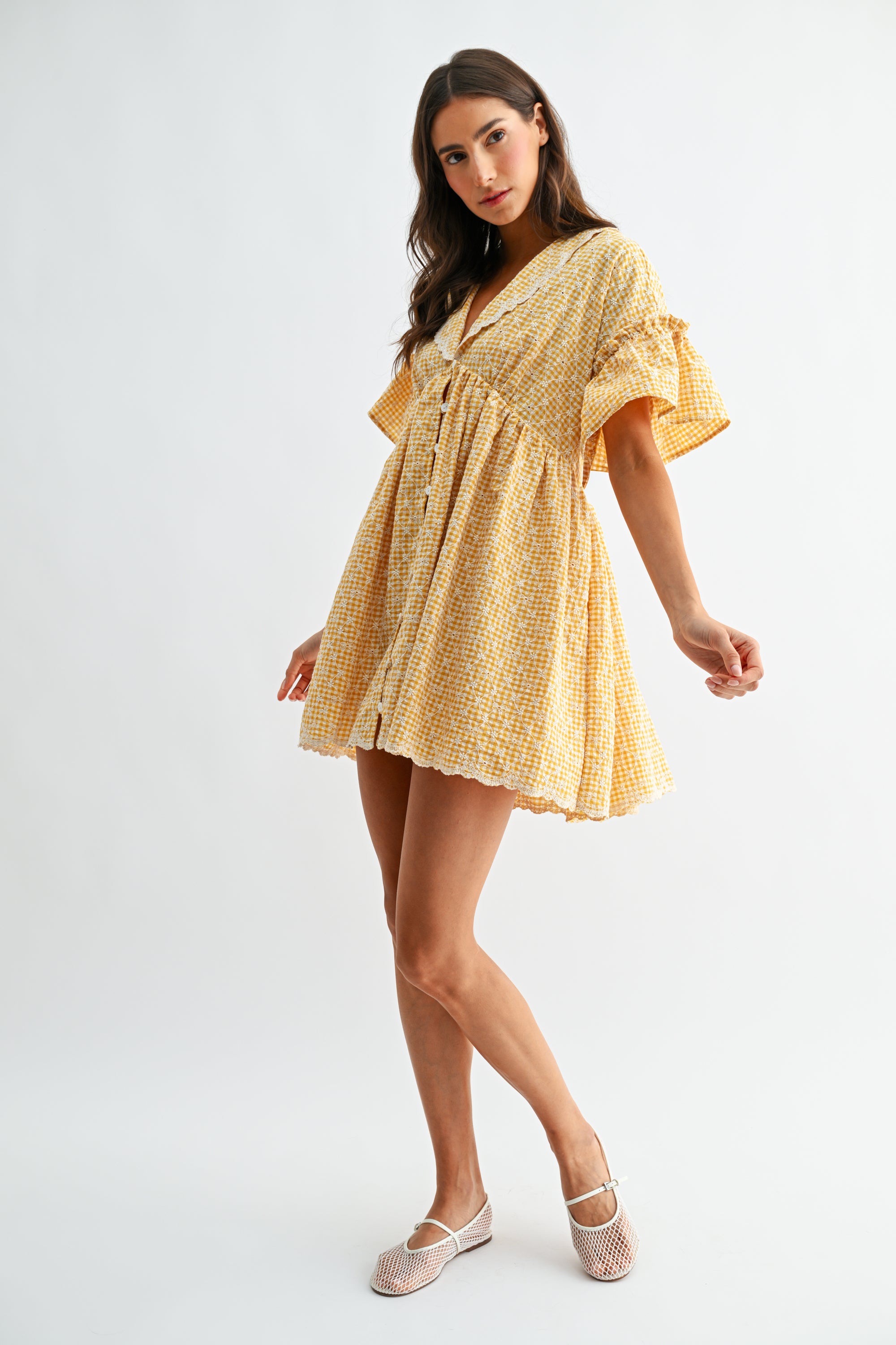 Mustard Yellow Gingham Lace Trim Babydoll Dress