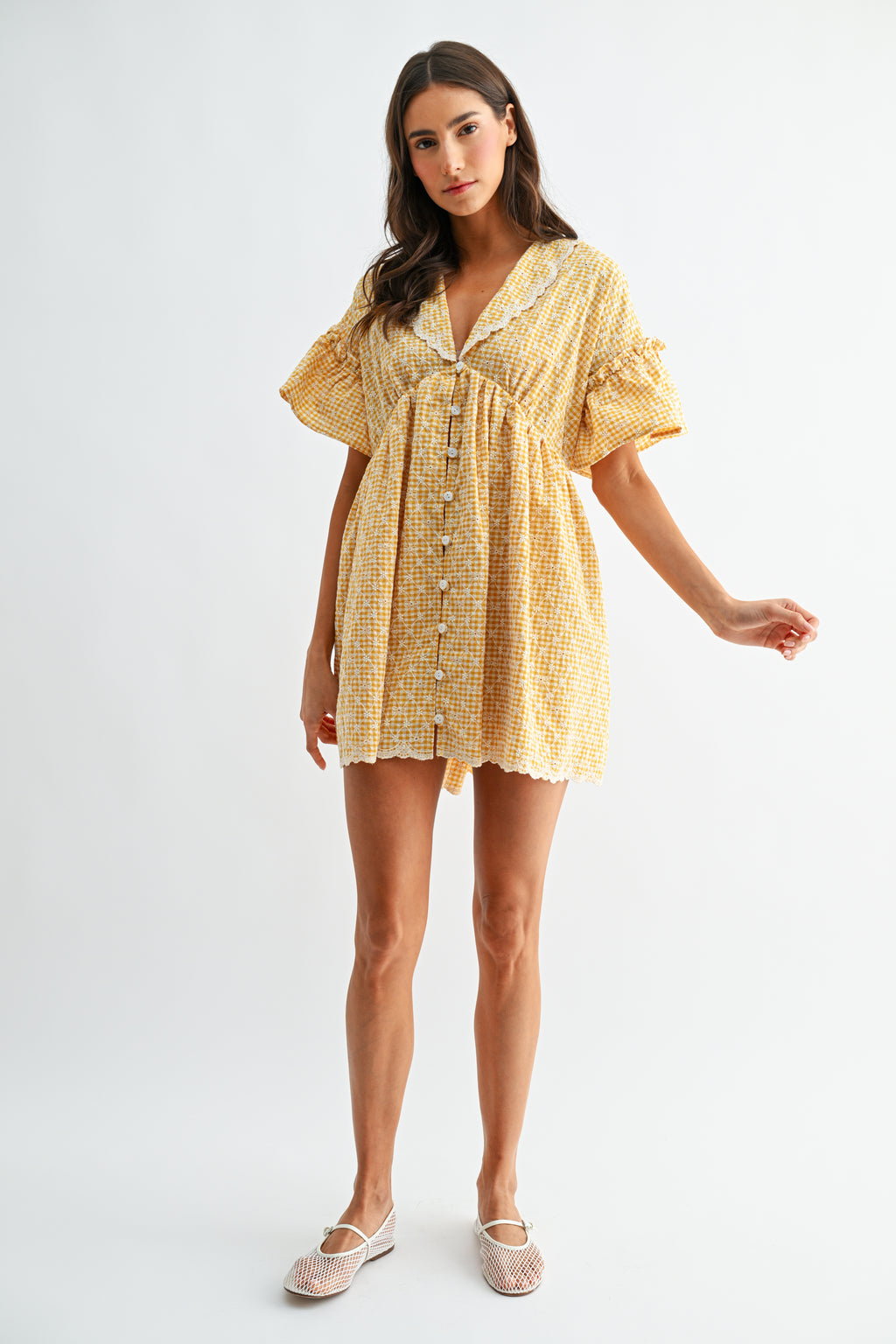 Mustard Yellow Gingham Lace Trim Babydoll Dress