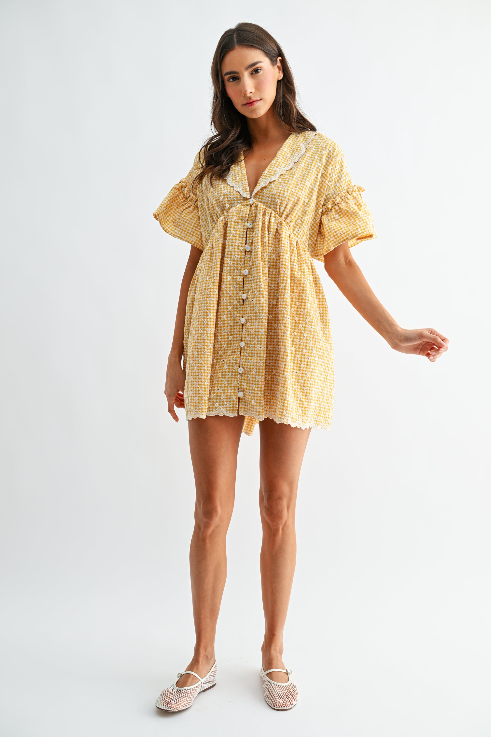 Mustard Yellow Gingham Lace Trim Babydoll Dress