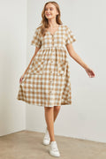 Taupe Gingham Button Front Midi Dress