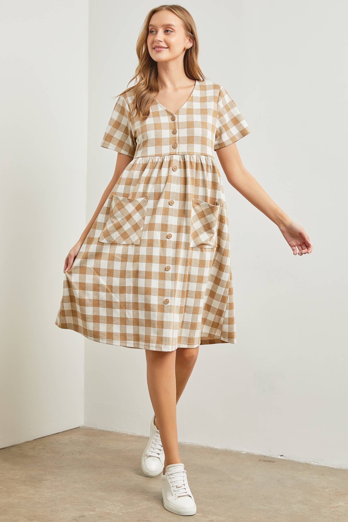 Taupe Gingham Button Front Midi Dress
