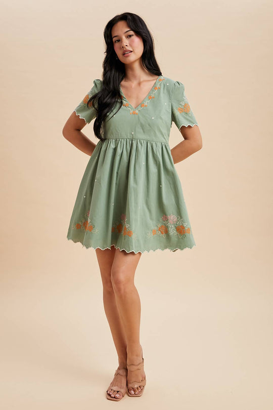 Scalloped Embroidered Babydoll Dress
