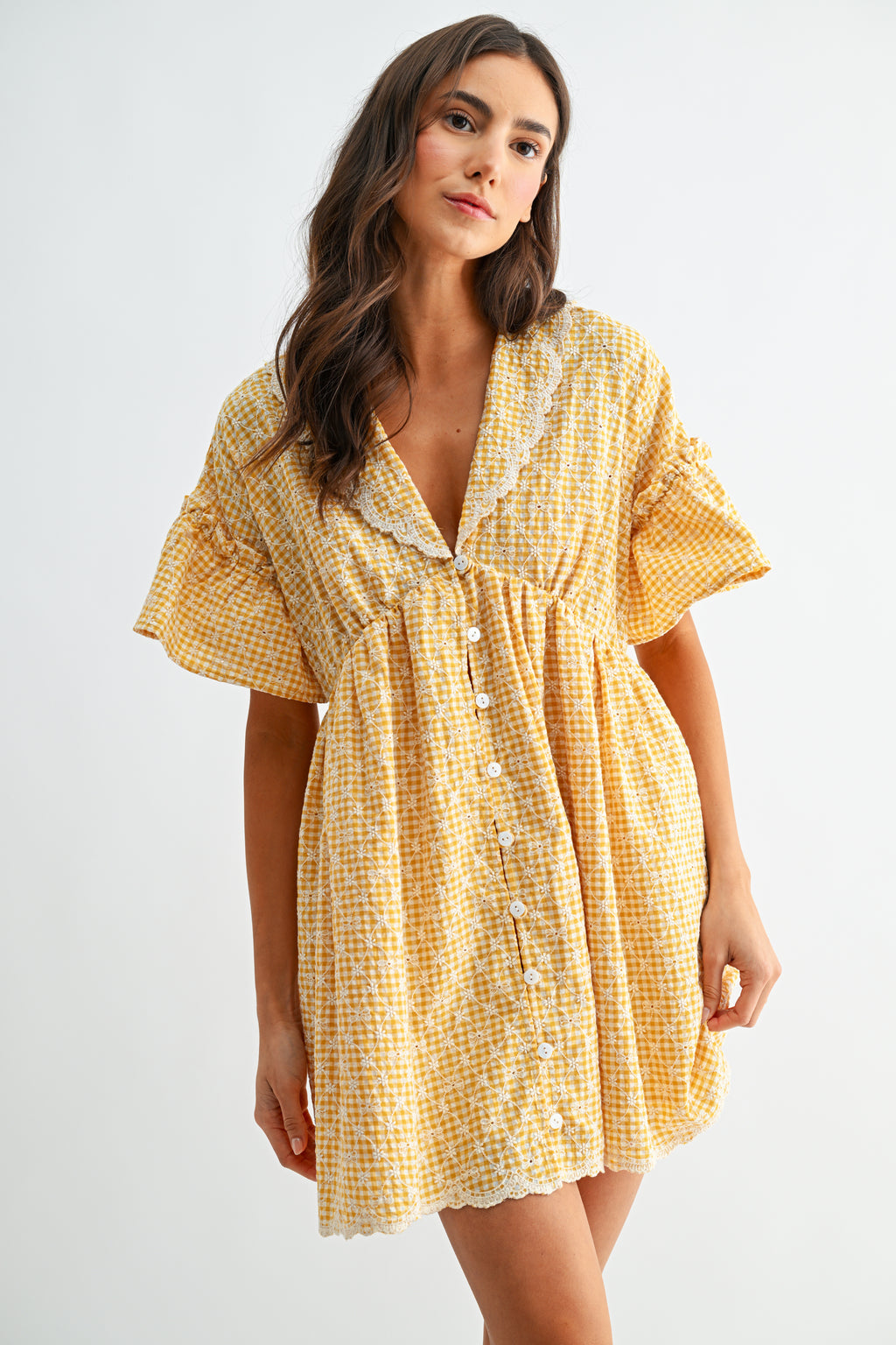 Mustard Yellow Gingham Lace Trim Babydoll Dress