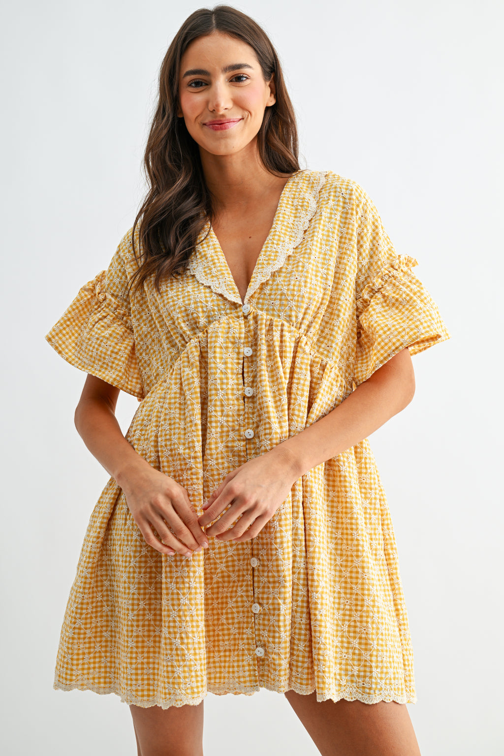 Mustard Yellow Gingham Lace Trim Babydoll Dress