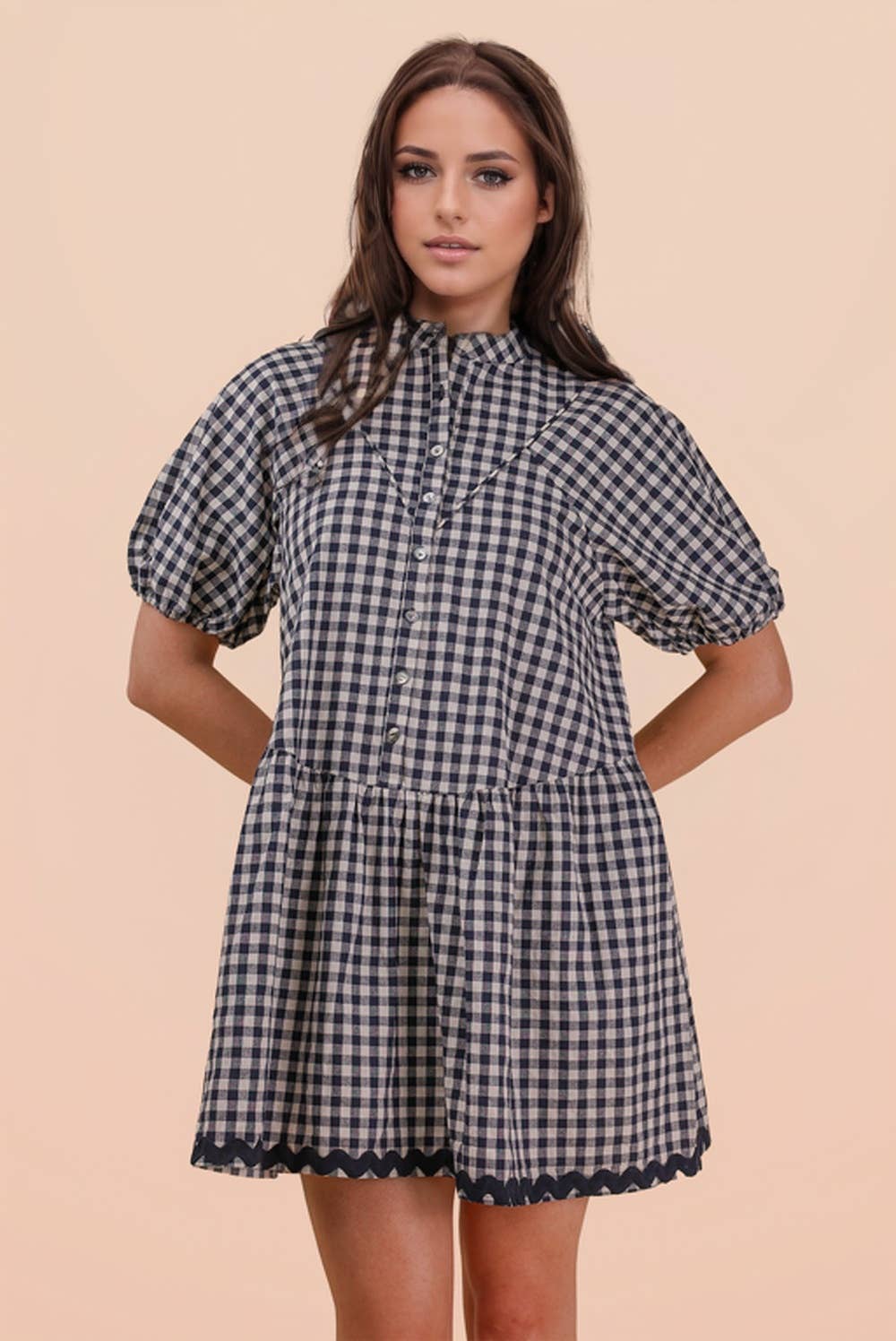ND32032-Checkered Half Button Down Mini Dress