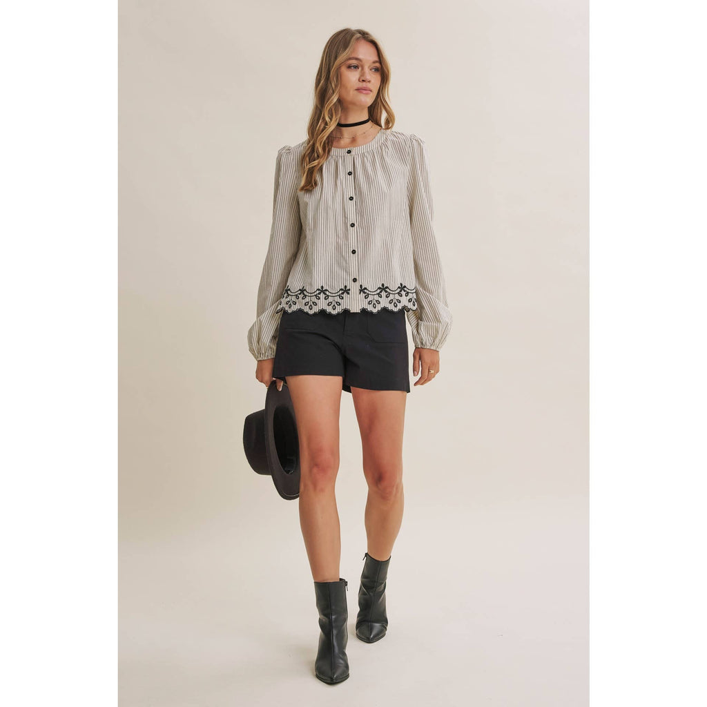 WORK TO WEEKEND CONTRAST EMBROIDERED COTTON STRIPE BLOUSE