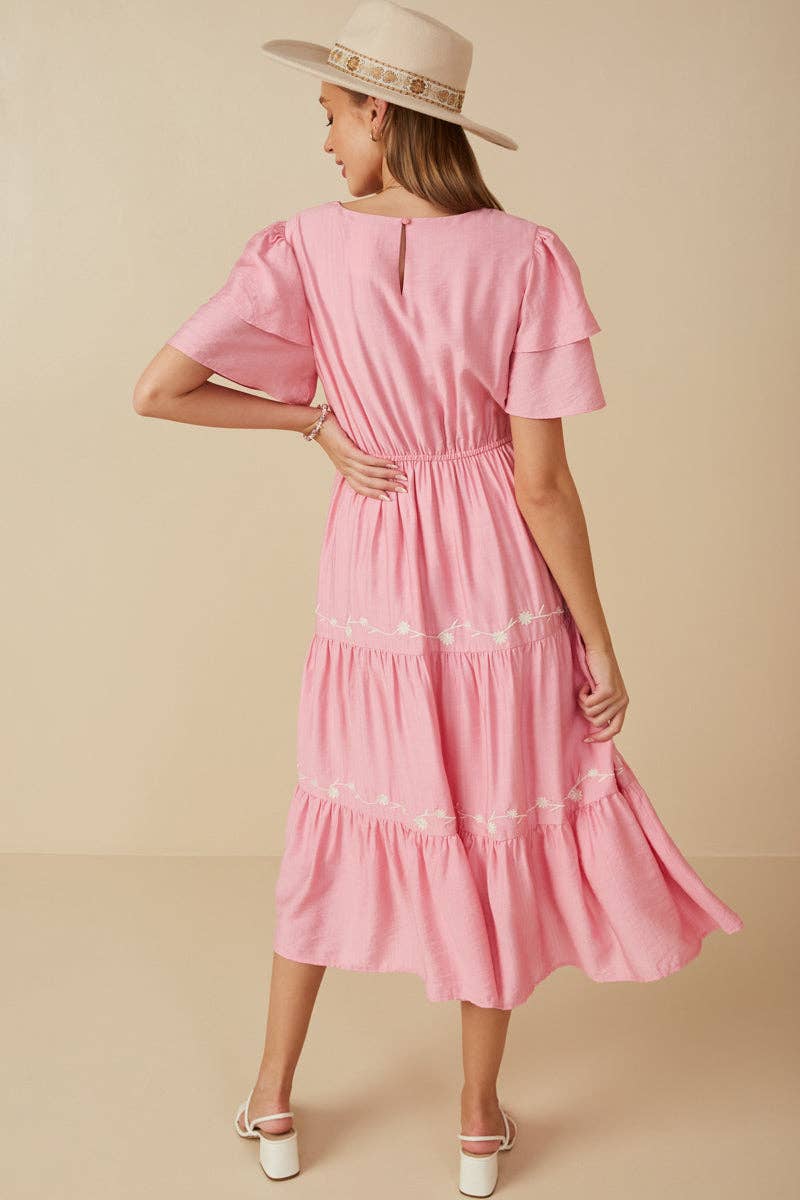 Womens Embroidered Ruffle Sleeve Tiered Dress