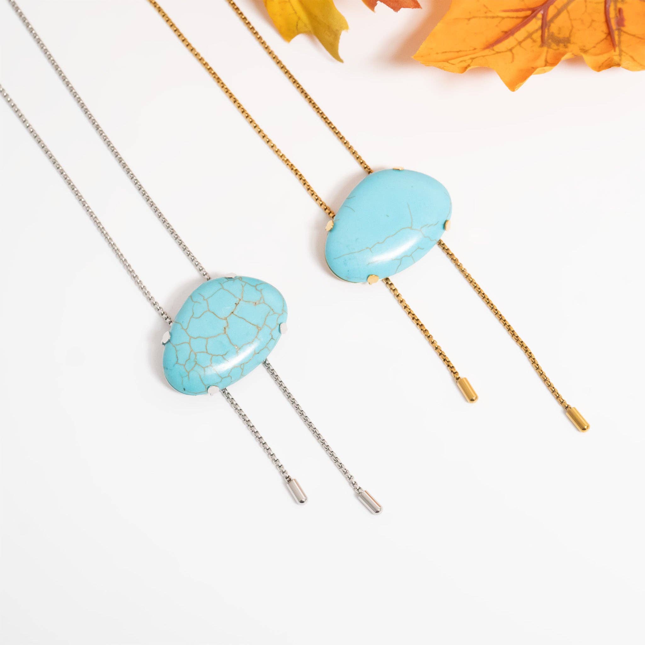 18K Gold PVD Stainless Steel Turquoise Charm Bolo Necklace