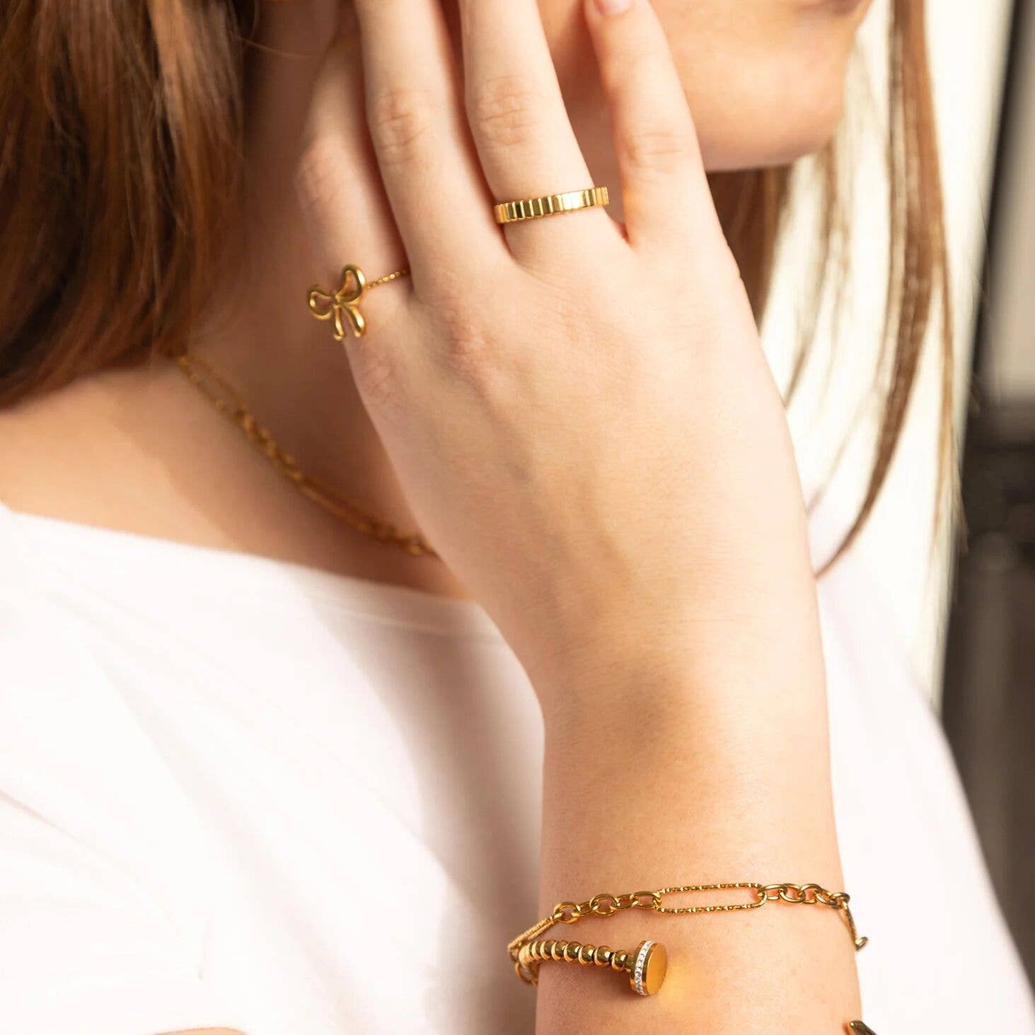 18K Gold PVD Stainless Steel Adjustable Bow Ring