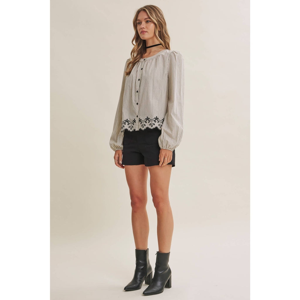 WORK TO WEEKEND CONTRAST EMBROIDERED COTTON STRIPE BLOUSE