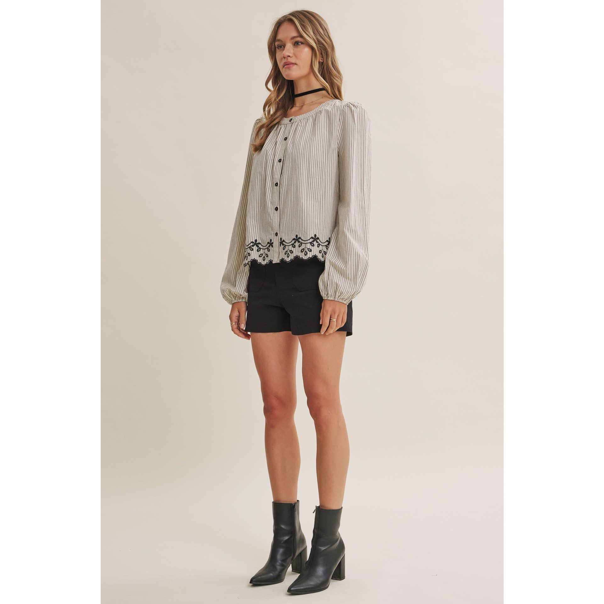 WORK TO WEEKEND CONTRAST EMBROIDERED COTTON STRIPE BLOUSE