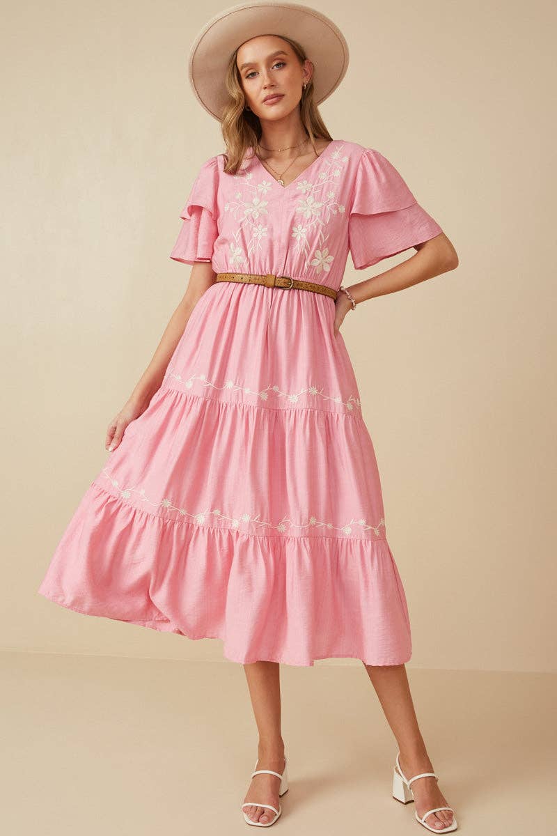 Womens Embroidered Ruffle Sleeve Tiered Dress