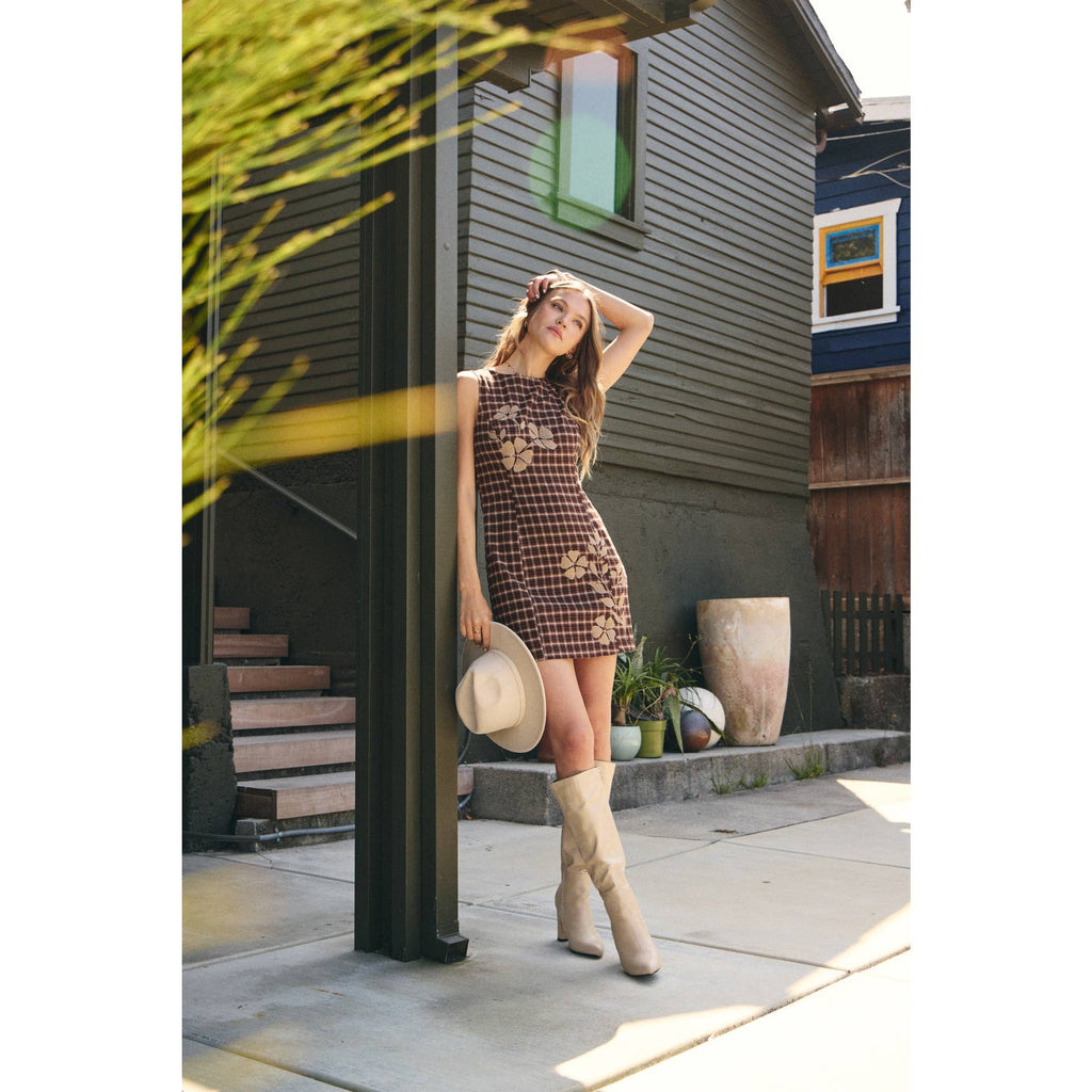 COUNTRYSIDE NOSTALGIA EMBROIDERED PLAID FITTED MINI DRESS
