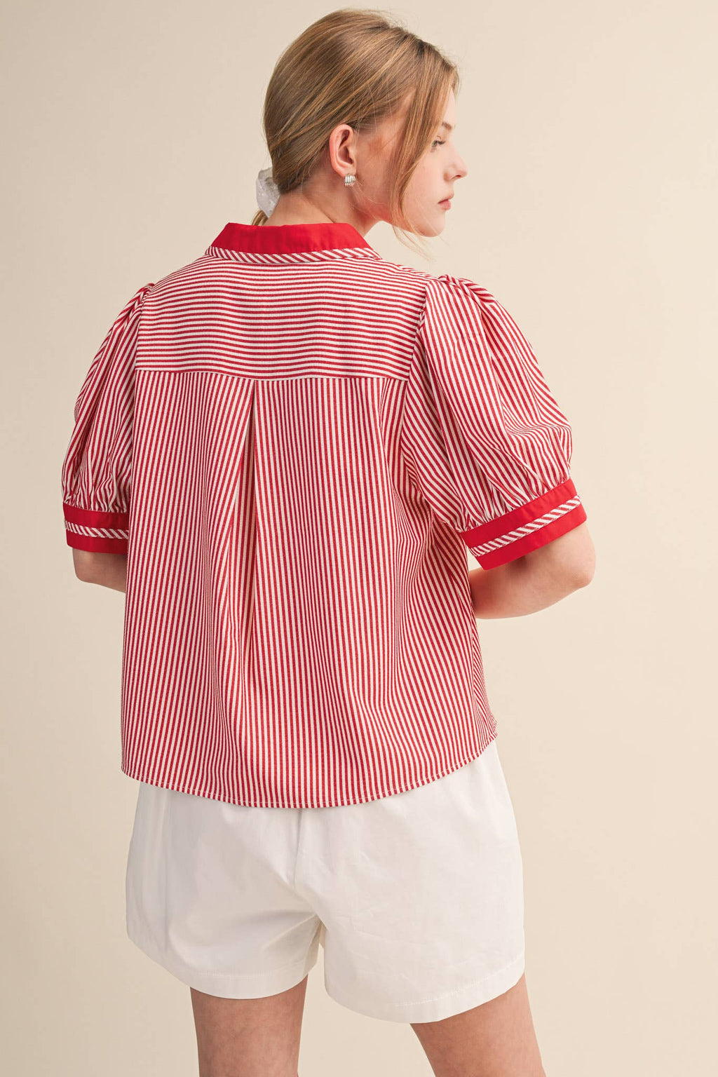 STRIPED CONTRAST BINDING COLLARED TOP