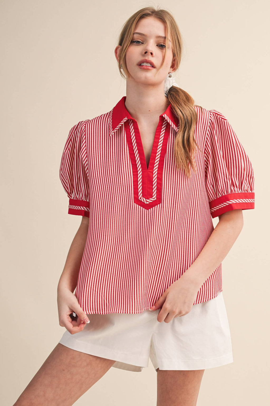 STRIPED CONTRAST BINDING COLLARED TOP