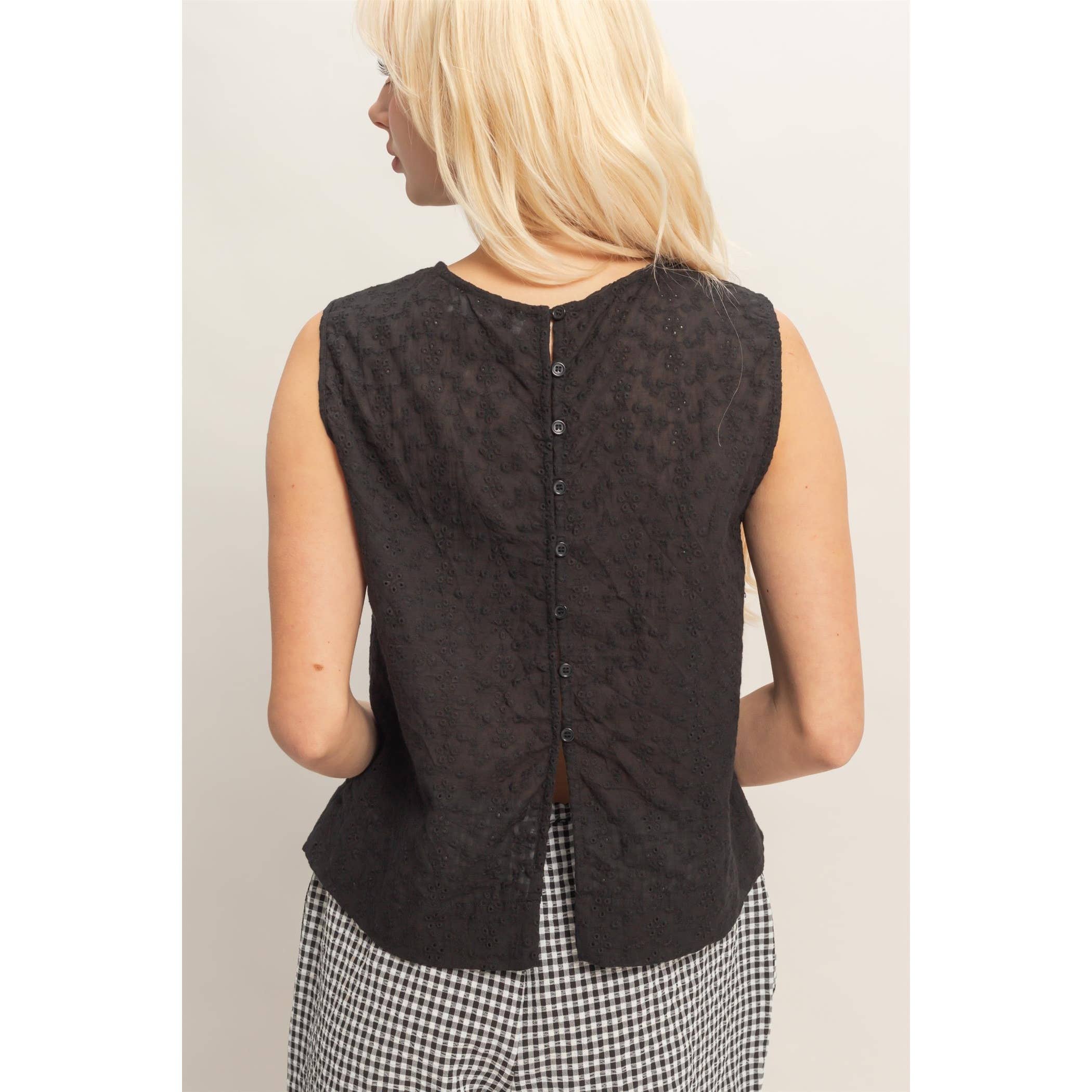 Eyelet Sleeveless Top With Back Buttons